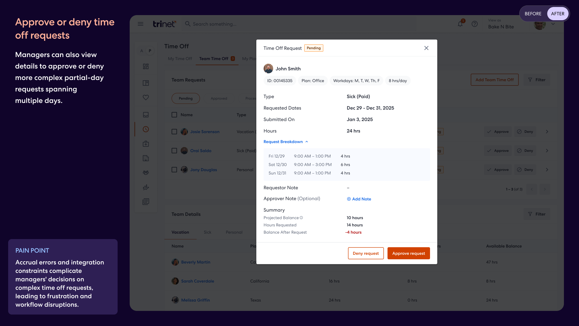 Manager view with team requests, one-click approval, and team balance details